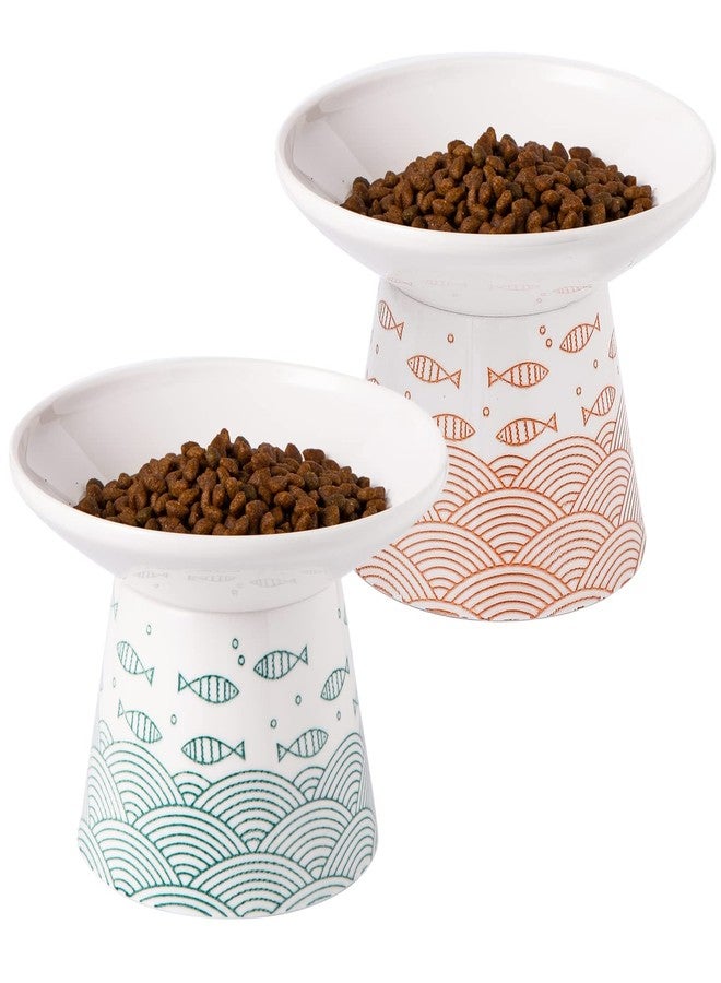 OMAYKEY 6.25 Inch Extra Wide Ceramic Raised Cat Bowls, Upgraded Elevated Porcelain Cat Food Water Bowl Dish, Stress Free Pet Feeder Bowls Dishes for Elder Big Cats & Small Dogs, Green & Orange - Image 1